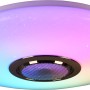 Weiße LED-Deckenleuchte Musica mit Lautsprecher und Regenbogenfarben.