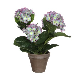 Violette Kunstpflanze Hortensie (Ø 35 cm) im Terrakotta-Topf.
