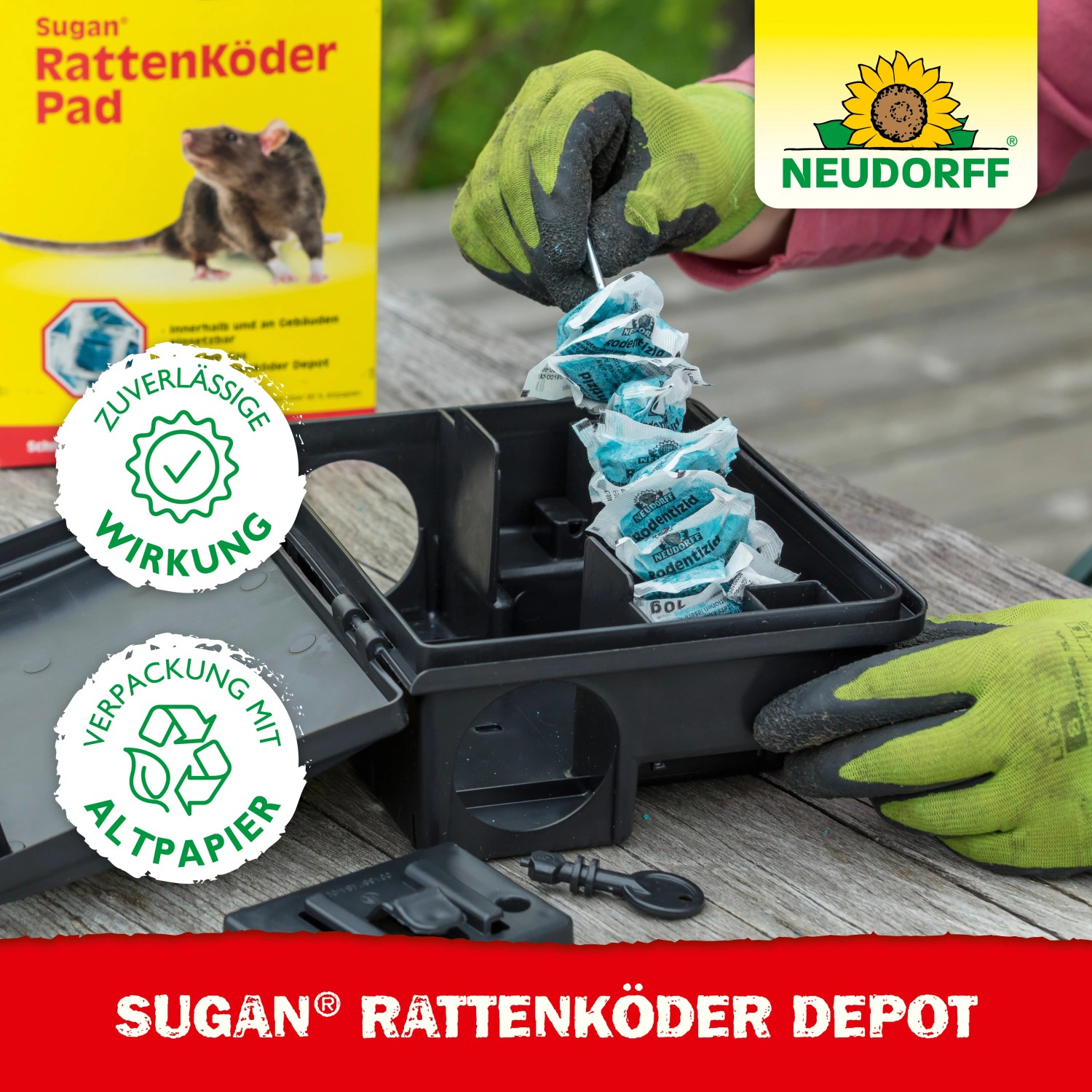 Neudorff Rattenköder Sugan Depot mit Köder und Schlüssel. Sichere Rattenbekämpfung im Haus und Garten.