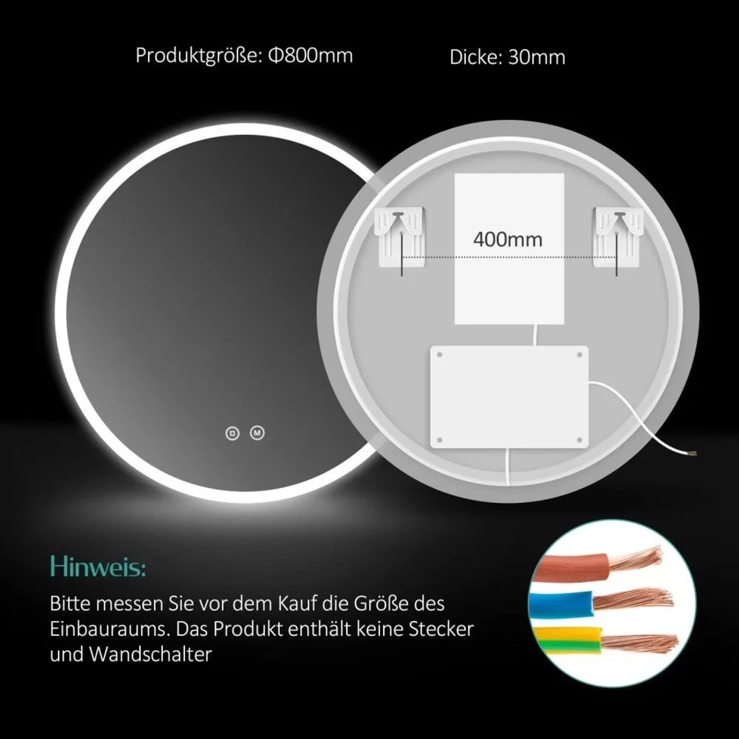 Runder Emke Badspiegel 80cm mit LED-Beleuchtung, Touch-Schalter, Beschlagfrei-Funktion. Vorder- und Rückseite mit Maßen.