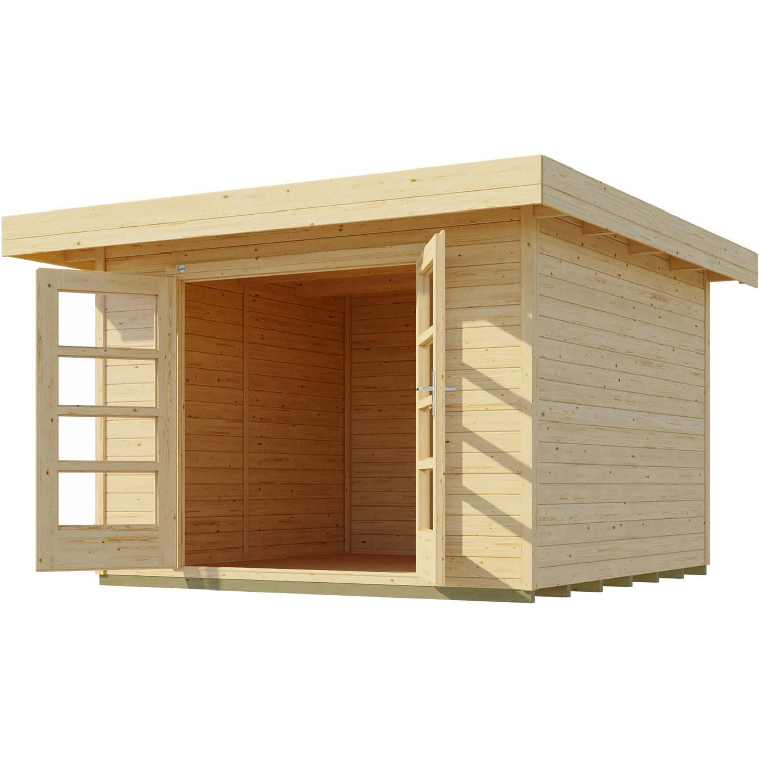 Unbehandeltes Weka Holz-Gartenhaus mit Flachdach und geöffneten Doppeltüren.