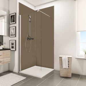 Eck-Dusche mit Schulte DecoDesign Duschrückwand Set in Taupe. Fugenlose Wandverkleidung.