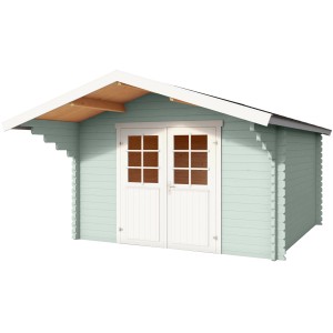 Lasita Holz-Gartenhaus Viljandi 34, gletschergrün mit Anbaudach und Doppeltür.