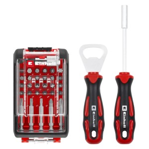 Rote Einhell Toolbox mit 32-teiligem Bit-Set, Schraubendreher-Griff und Flaschenöffner für vielseitige Schraubarbeiten.