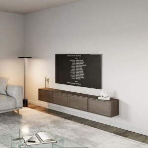 Selsey TV-Hängeboard Framme 200 cm in Walnuss-Holzoptik, grifflos, wandmontiert im modernen Wohnzimmer.