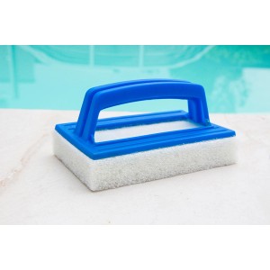 Handschrubber De Luxe mit Griff für die Poolreinigung. Blaue Kunststoffhalterung mit weißem Schwamm.