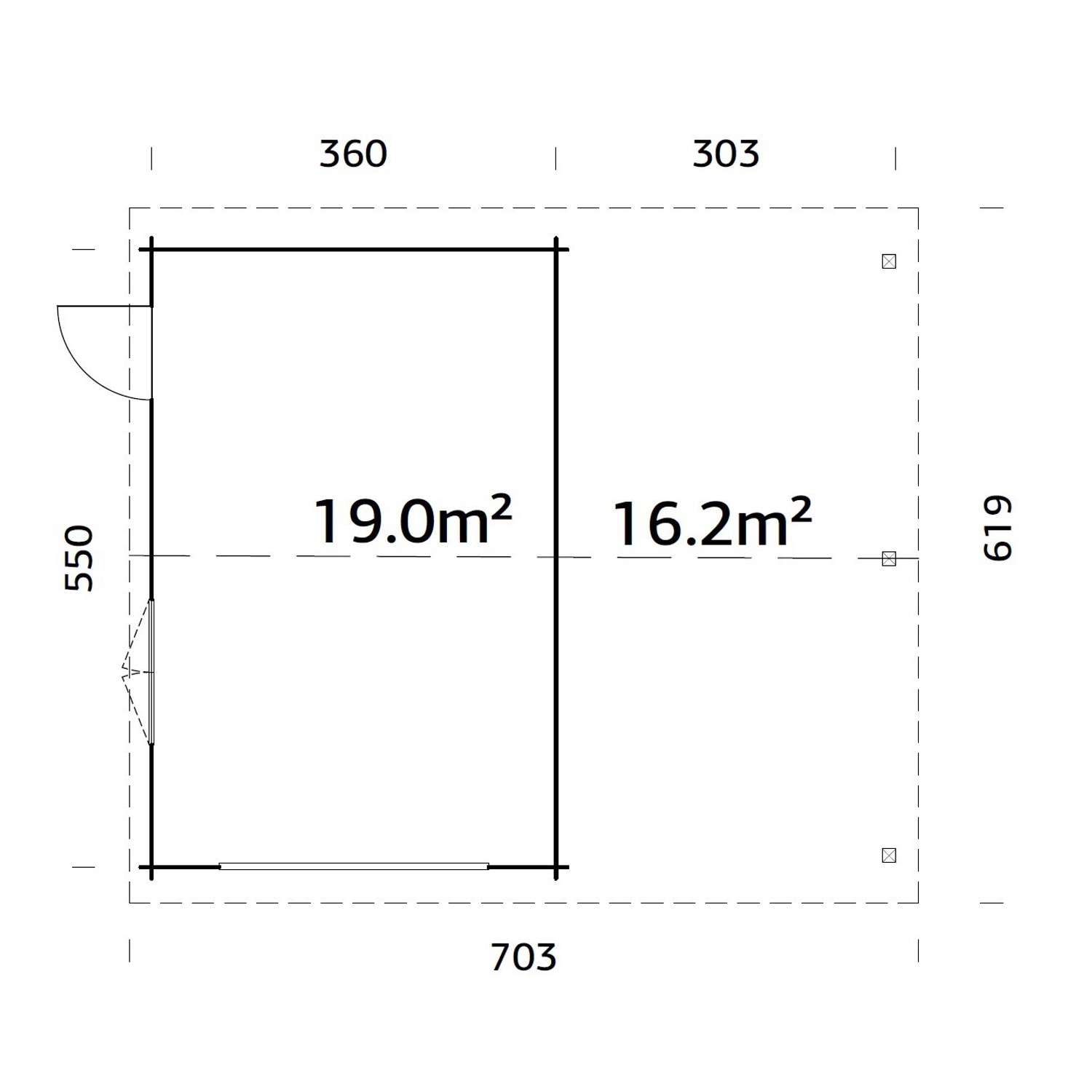 Grundriss Palmako Garage Roger ohne Tor, 653x550cm, mit Maßen und Flächenangaben.