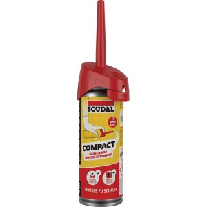 Soudal Bauschaum Mini B2, 150ml Dose mit rotem Adapter für präzises Ausschäumen.