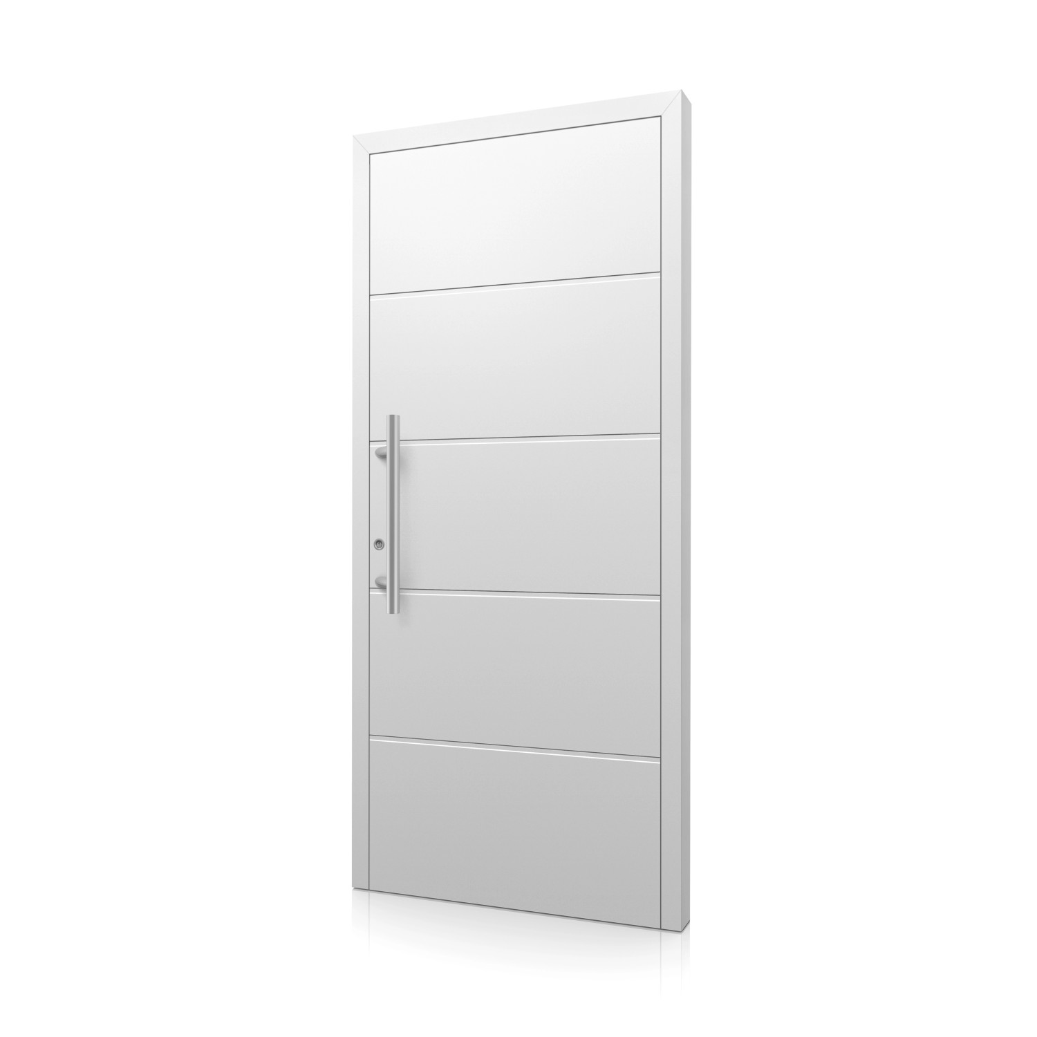 Weiße Aluminium Haustür Moderno M470/B mit Edelstahlgriff, Anschlag links.