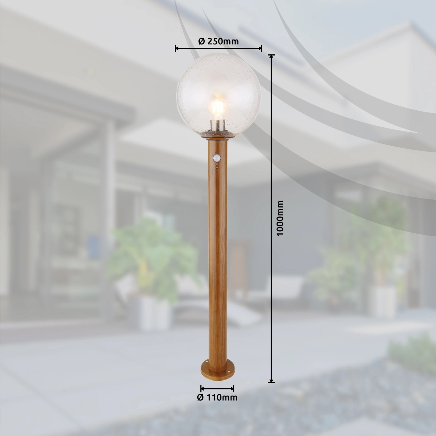 Globo Außenleuchte Ossy mit Bewegungsmelder, Holzoptik, 100cm hoch. Wegeleuchte für den Garten.