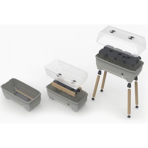 Gusta Garden Hochbeet Sammy Salad, 40L, hellgrau, mit Holzbeinen und transparenter Haube in verschiedenen Aufbaustufen.
