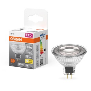 Osram GU5.3 LED Leuchtmittel, 2,6 W, warmweiß, neben der Produktverpackung.