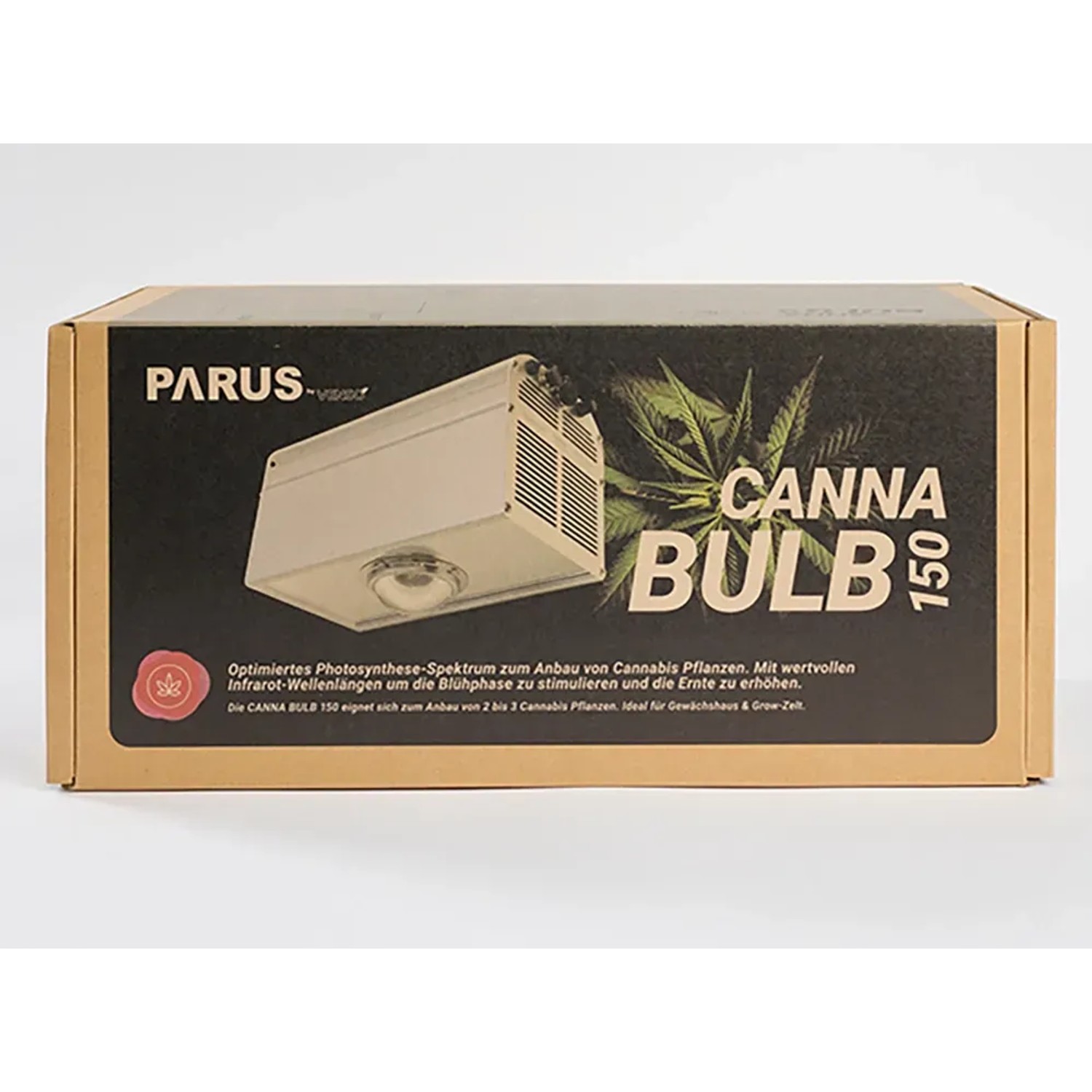 Verpackung der Parus LED-Pflanzenlampe Canna Bulb 150 für den Cannabis-Anbau.
