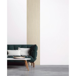 AS-Creation 3D-Panel Pop up Tapete in Beige-Weiß mit vertikalem Streifenmuster an einer Wand.