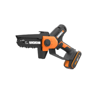 Worx Akku-Astsäge WG326E.2 in Schwarz-Orange mit 12 cm Schnittbreite und Akku für Einhandbedienung.