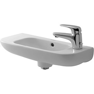 Weißes Duravit D-Code Handwaschbecken, 50 cm, mit Überlauf und Hahnloch links.
