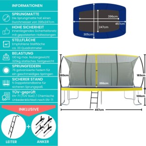 Zero Gravity Outdoor Trampolin 457x305cm TÜV GS Smartes Klappnetz mit Leiter und Bodenanker