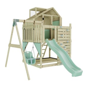 Spieltürme: Holz-Spielturm mit Babyschaukel in Mintgrün, Rutsche und Kletterwand.
