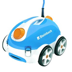 Steinbach Speedcleaner Poolrunner: Automatischer Poolsauger in Blau/Weiß mit Rädern und Kabel.