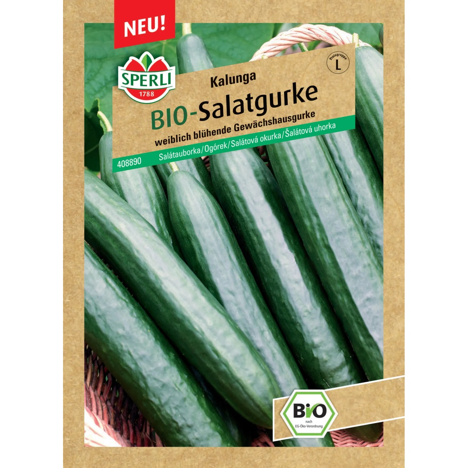 Sperli BIO Saatgut Salatgurke Kalunga, F1 im Saatguttütchen mit Gurken Abbildung.