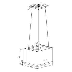 Technische Zeichnung der schwarzen Respekta Design-Inselhaube Centa CH11051IS mit Maßen.