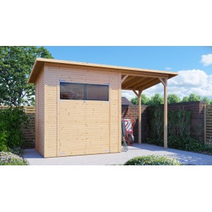 Bertilo Gerätehaus Pent Modern 2 Plus aus Holz mit Anbau, naturbelassen.