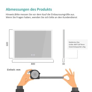 Emke Badspiegel 80x60 cm: Technische Zeichnung zeigt Maße, 30mm Tiefe und Ablage aus mattiertem Glas.