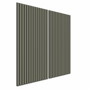 Zwei Akustikpaneele Lino Olive, 60x120 cm, mit schwarzen MDF-Leisten auf schwarzem Filz.