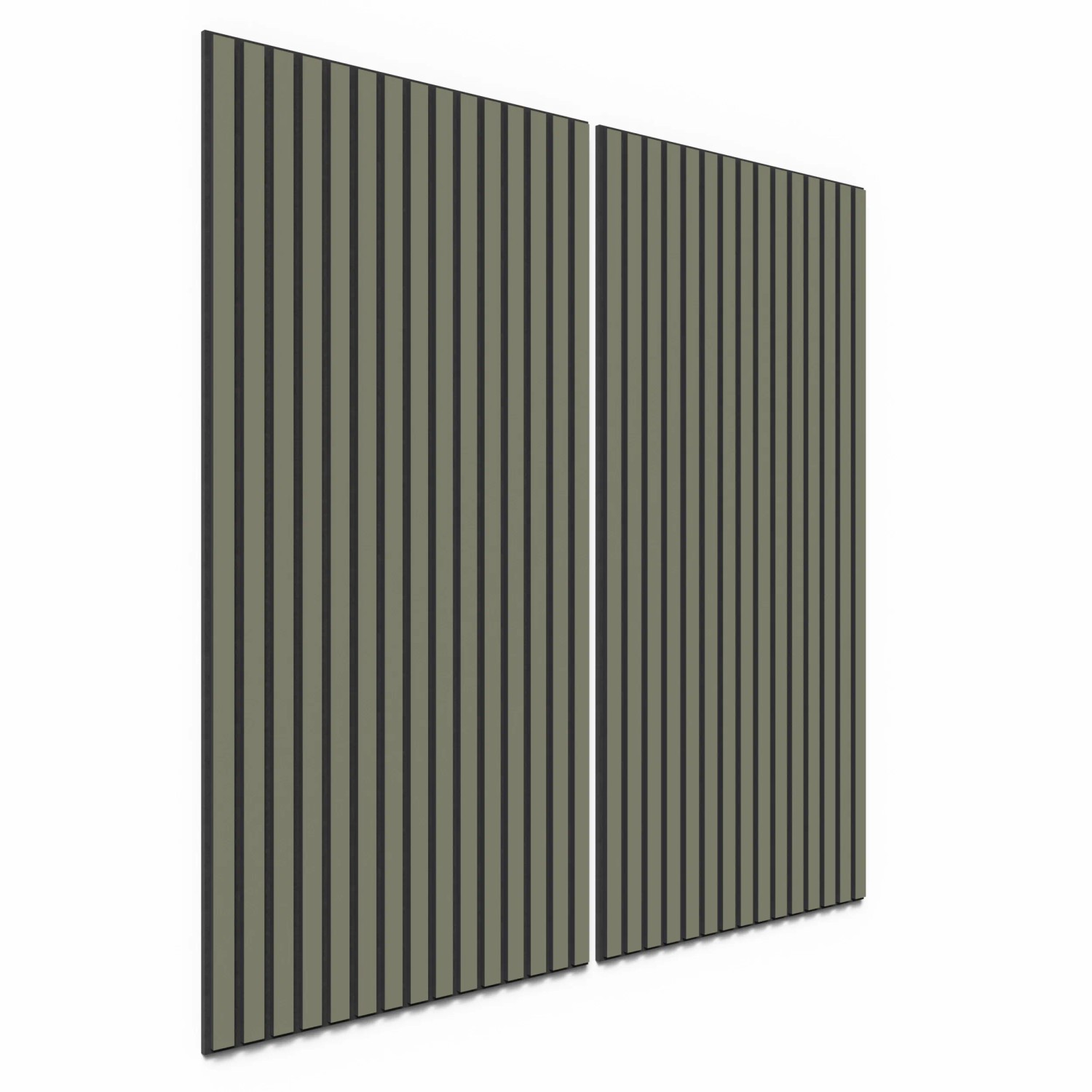 Zwei Akustikpaneele Lino Olive, 60x120 cm, mit schwarzen MDF-Leisten auf schwarzem Filz.