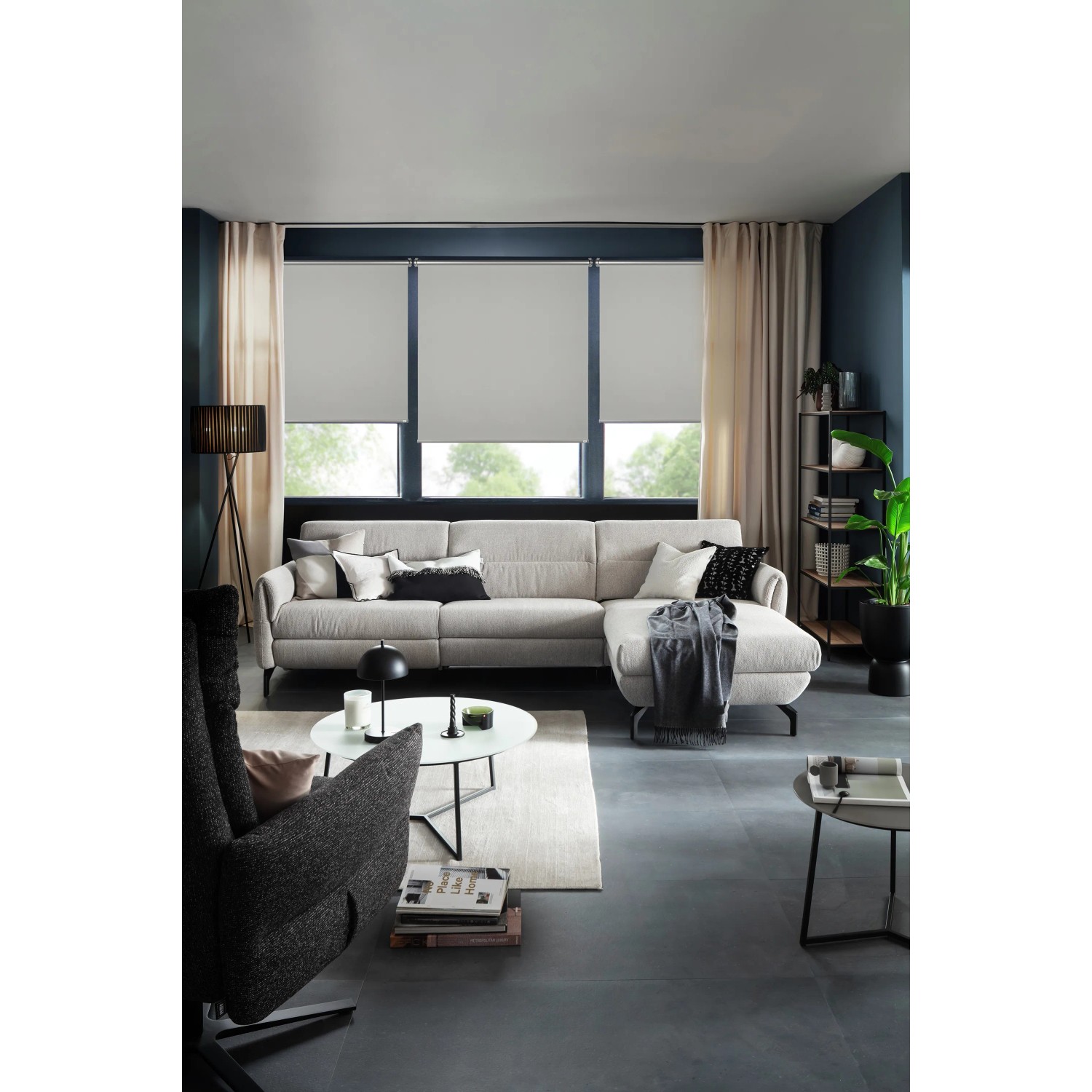 Schöner Wohnen Thermo-Rollo Martha, hellgrau, 45x150cm, in Wohnraum-Szene mit Sofa und Fenster.