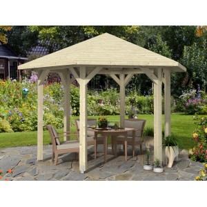 Skan Holz Pavillon Nancy aus Leimholz, 420x364 cm, naturbelassen. Gartenlaube mit Massivholzdach.