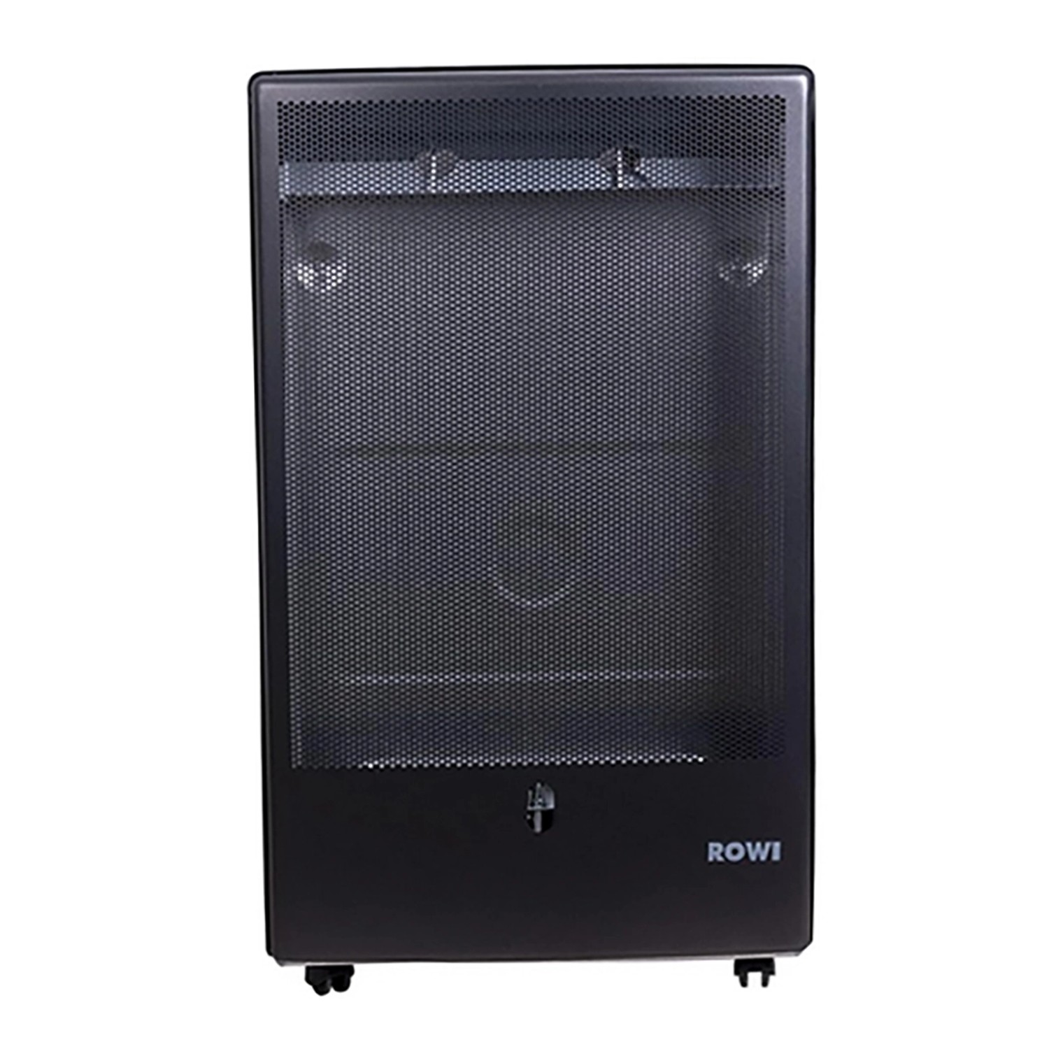 Schwarzer Rowi Gas Heizofen Blue Flame 4,2 kW mit Rollen und Gitterfront.