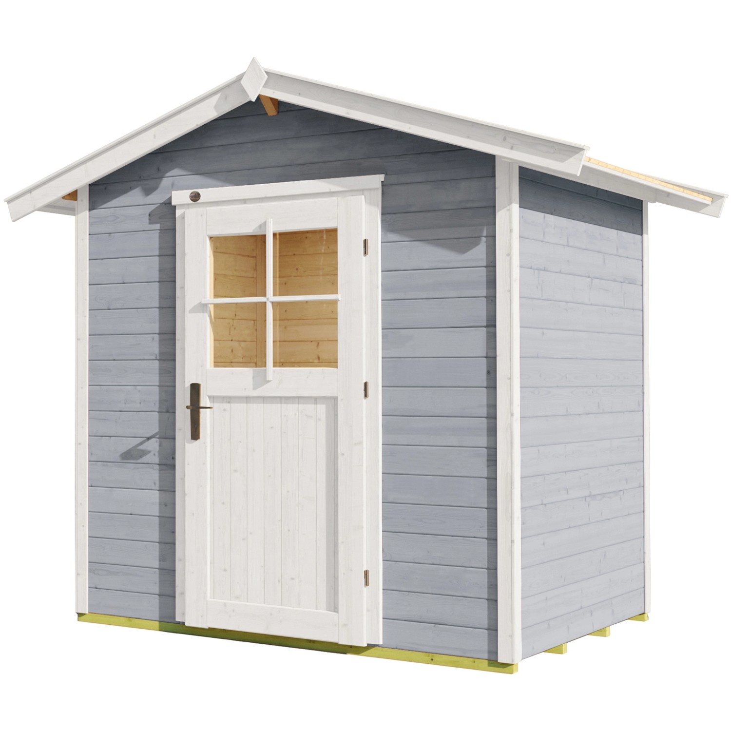 OBI Holz-Gartenhaus Monza, lasiert, mit Satteldach. Gartenlaube in Grau-Weiß mit Tür.