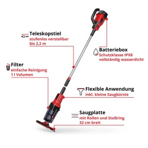 Roter Einhell Akku-Poolsauger mit Teleskopstiel, 32 cm Saugplatte, Filter und wasserdichter Batteriebox zur Poolreinigung.