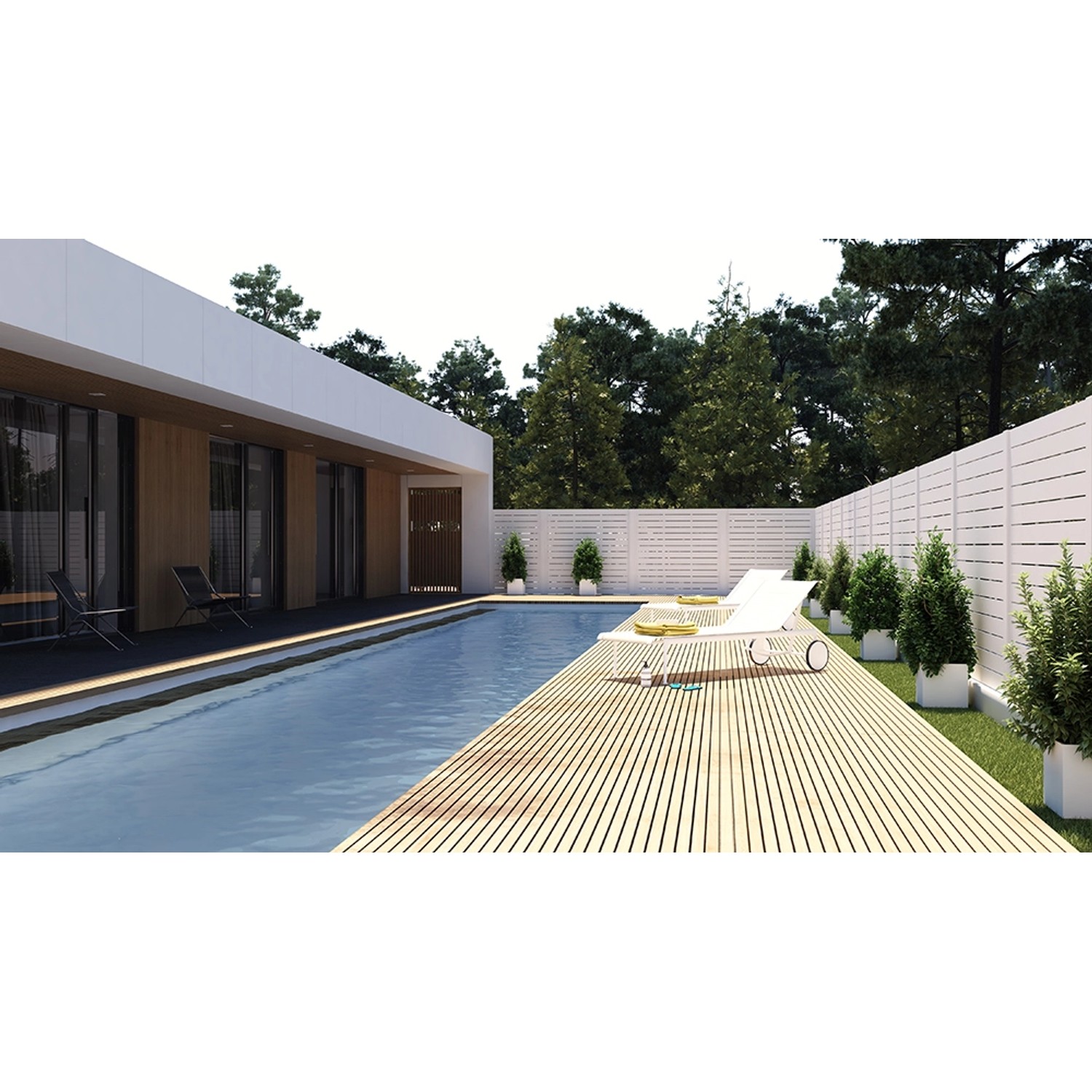 Szene mit Gartenzaun Faro, braun lackiert, 90x180cm, neben Pool und Haus.