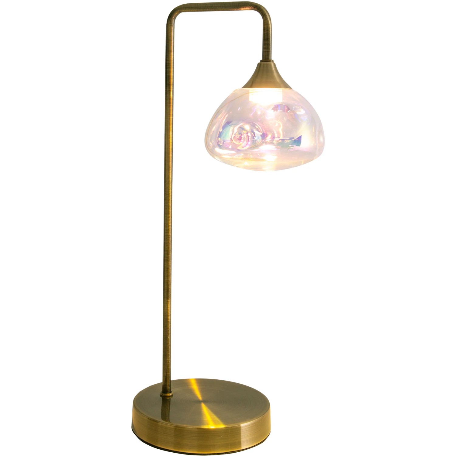 Näve LED-Tischleuchte Varna, 45 cm, im Messing-Look mit irisierendem Glasschirm.