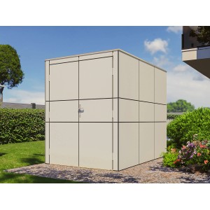 Modernes, graues Bertilo Gartenhaus Bike Port aus HPL (155x229cm) im Garten.