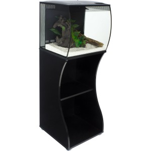 Fluval Aquarium-Kombination Flex LED 57 l, schwarzes Glasaquarium mit Unterschrank und Zubehör.