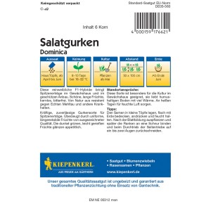 Kiepenkerl Salatgurke Dominica F1-Hybride Samenpackung mit Infos zu Aussaat, Keimung und Ernte.