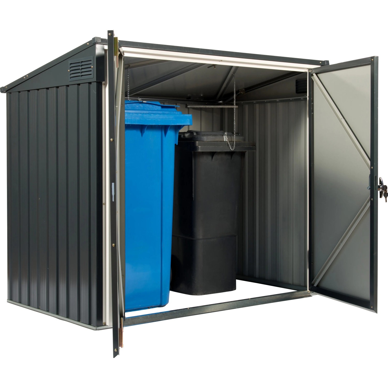 Duramax Mülltonnenbox, 154x130x96cm, Anthrazit/Weiß, mit zwei Mülltonnen. Doppeltür geöffnet.