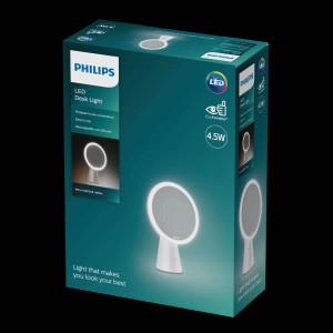 Verpackung der Philips Tischleuchte Mirror mit Spiegel, 4,5 W, weiß. LED-Tischleuchte mit Touchdim-Funktion.
