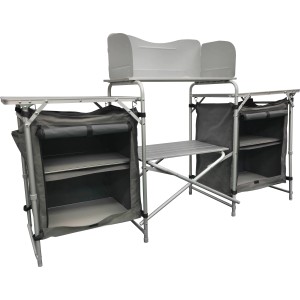 Zusammenklappbarer Camping-Schrank Cumanda in Grau mit Ablageflächen und Windschutz.