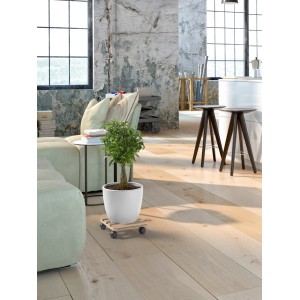 Eckiger Pflanzenroller aus Buchenholz, naturfarben, 25x25 cm, mit Pflanze im weißen Topf.