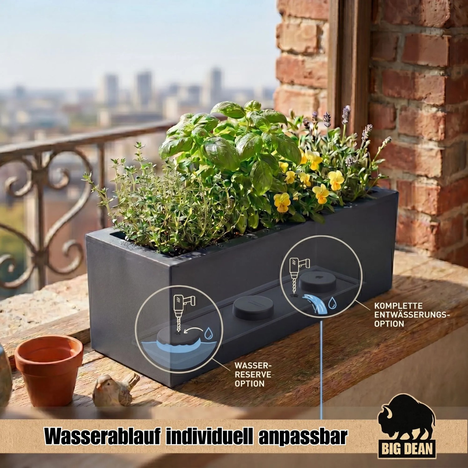 BigDean Balkonkasten mit Wasserspeicher 25L Pflanzvolumen Pflanzkübel Rechteckig Made in Europe für Innen und Außen Steinoptik kaufen bei OBI