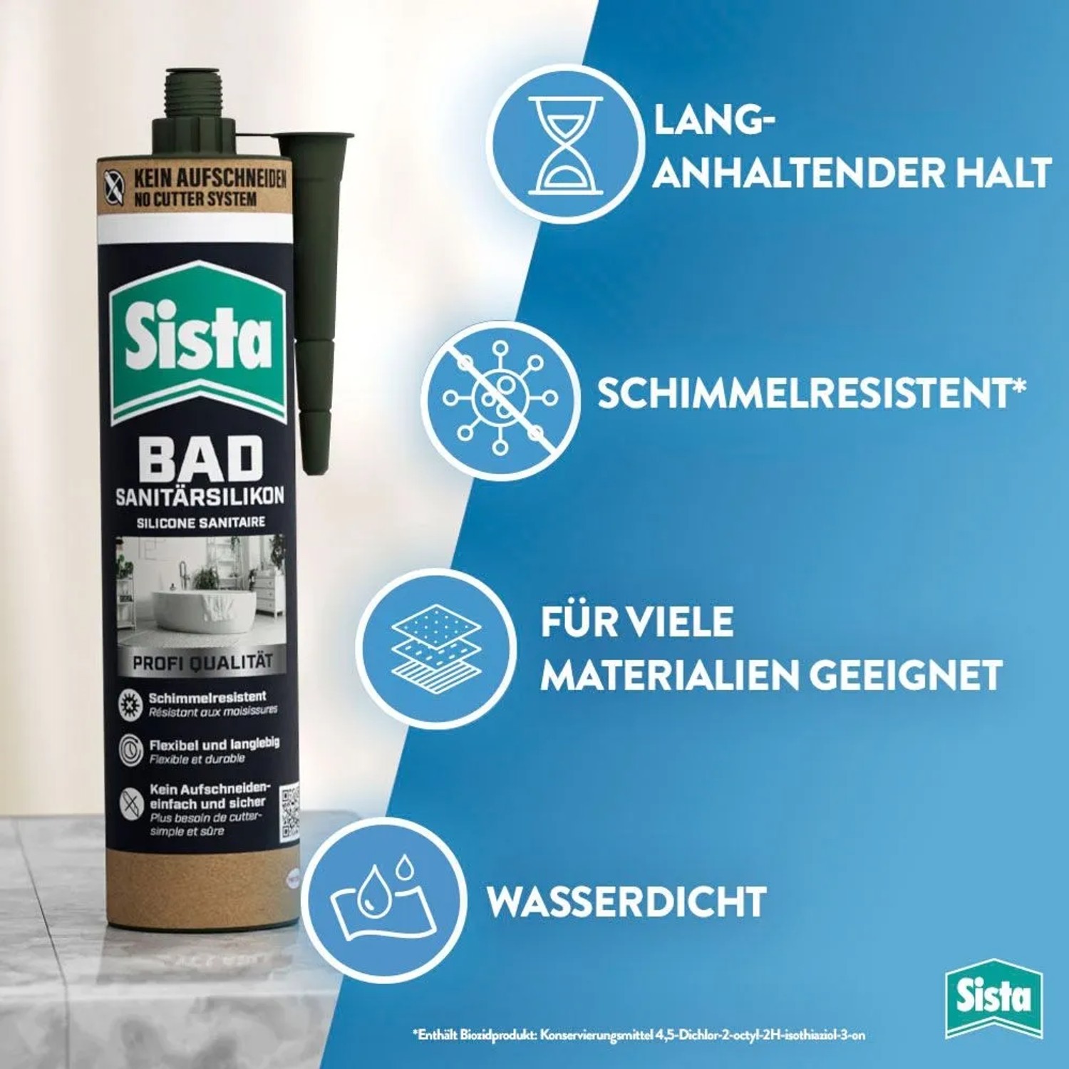 Sista Sanitär-Silikon Silbergrau, Kartusche für Bad & Küche. Schimmelresistentes Silikon.
