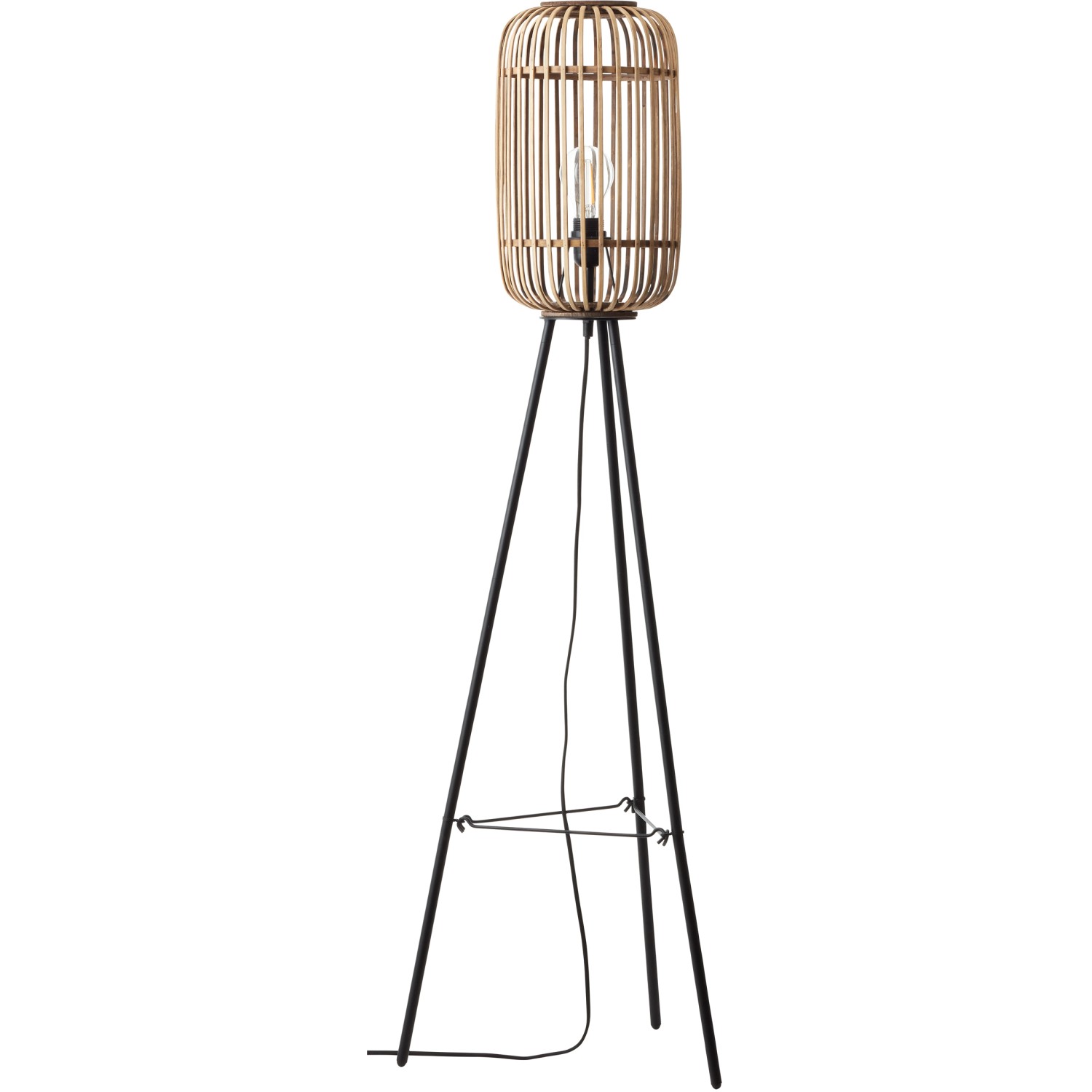 Braune Dreibein-Stehlampe Woodrow aus Rattan und Metall, 130 cm hoch.