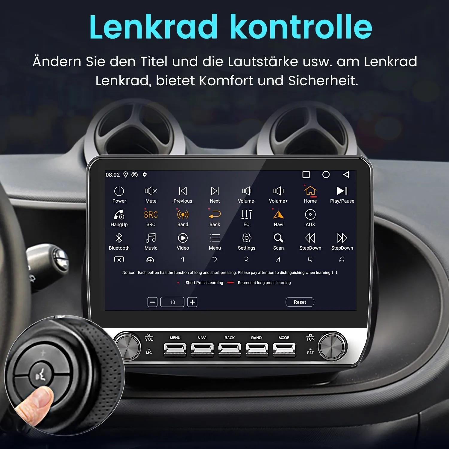 Junsun 10 Zoll Autoradio im Smart Fortwo, mit Touchscreen und Lenkradsteuerung für Medien.