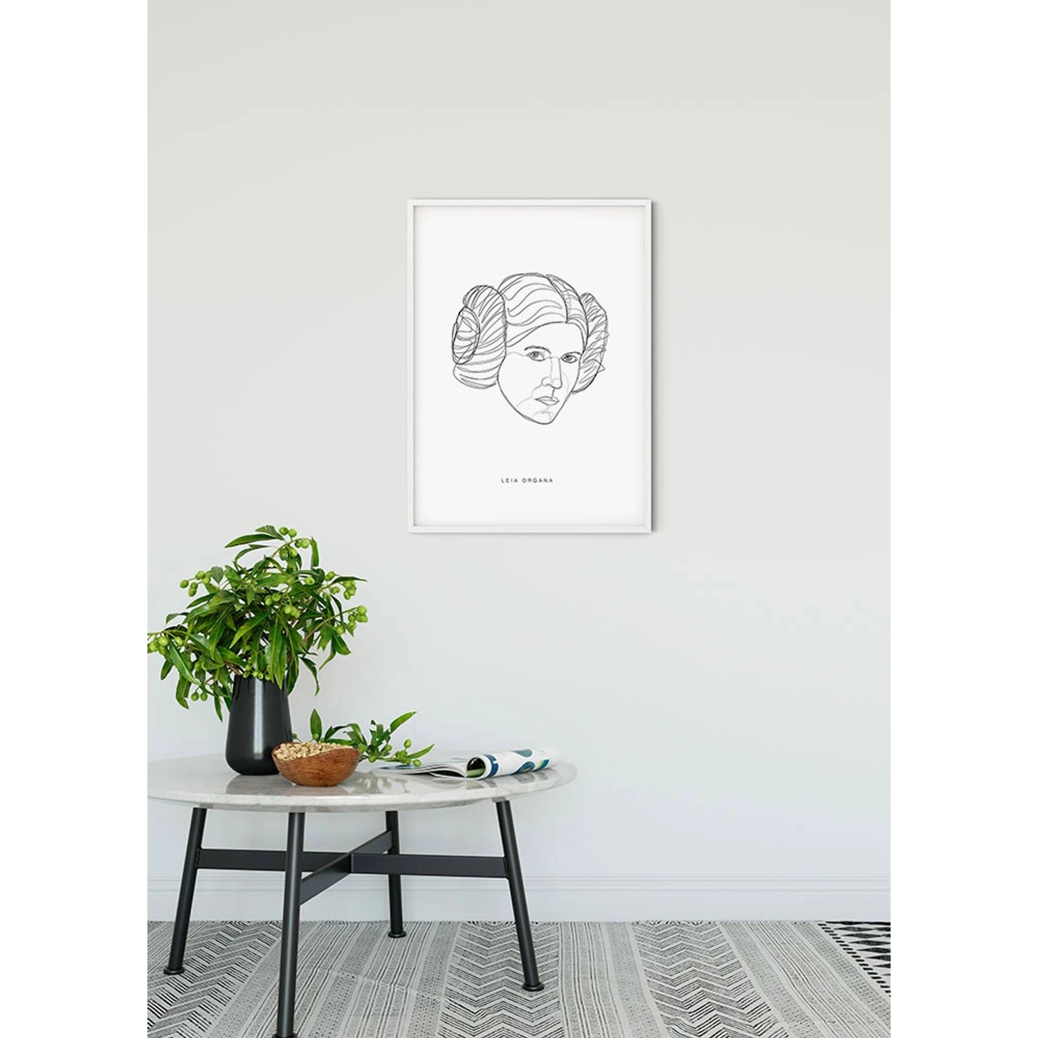 Wandbild Star Wars Leia, 40x50 cm, minimalistische Strichzeichnung im weißen Rahmen.