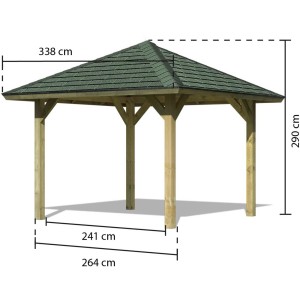 Karibu Pavillon Varberg 1 Set mit grünen Schindeln, 264,5x264,5x290 cm. Holzpavillon mit Walmdach.