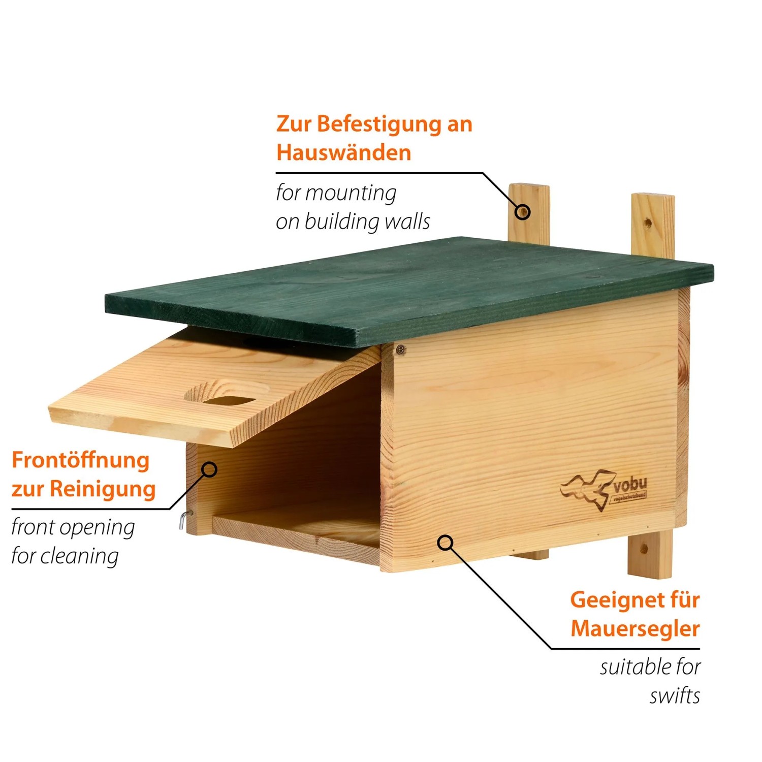 Dobar Holz-Nistkasten Vobu für Mauersegler. Kiefernholz mit grünem Dach, Frontöffnung, zur Wandmontage.